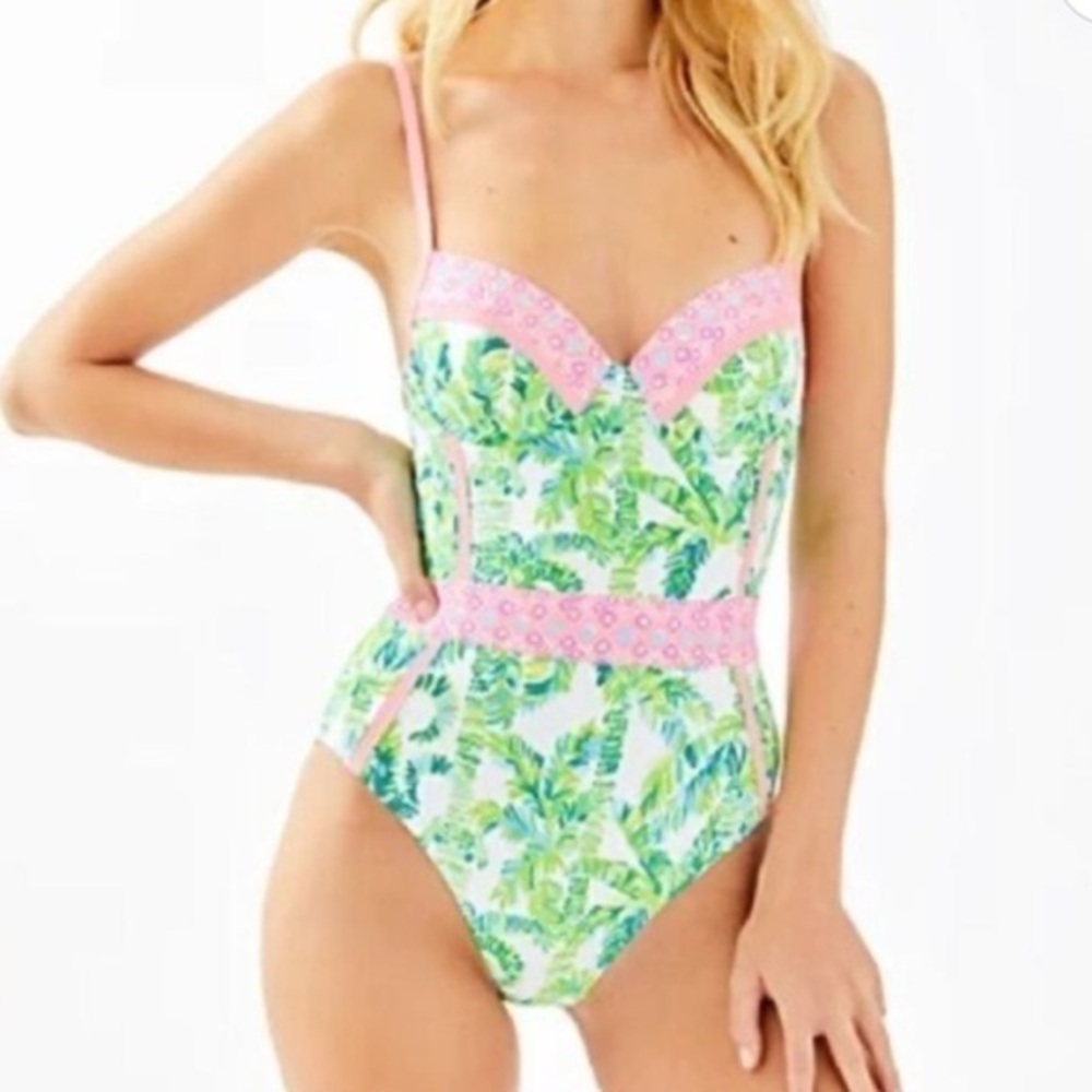 Lilly Pulitz Pink Green Padded Top One Piece Swimsuit Bathing Suit Size 2